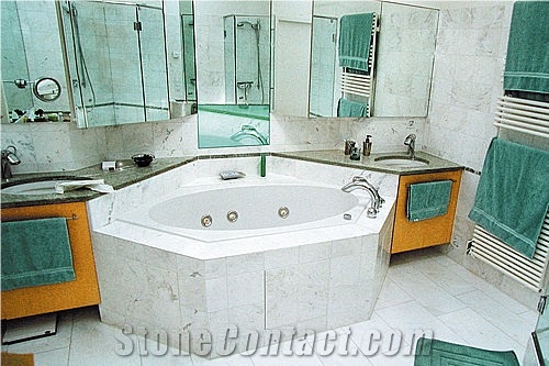 Carrara Marble Tub Surround and Floor, Bianco Carrara ,Forest Green White Marble Bath Design