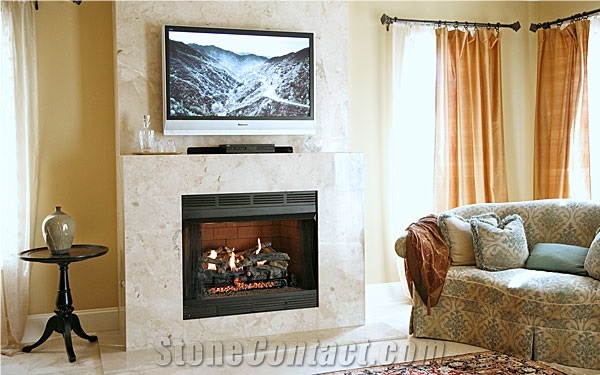 Beige Limestone Fireplace
