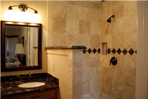 Travertine Wall Tile, Emperador Vanity Top, Mexican Noce Brown Travertine Bath Design