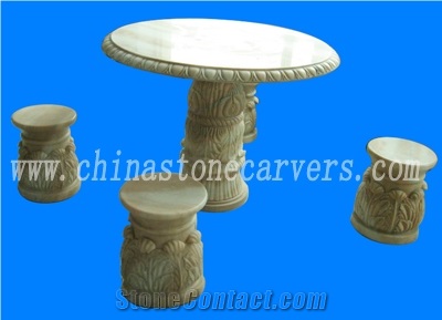 Hand Carved Garden Stone Table and Bench