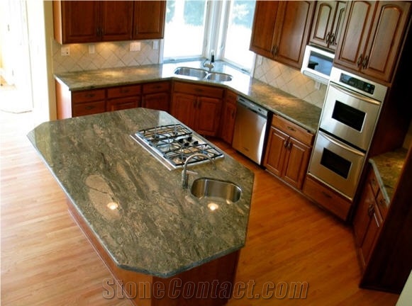 Waterfall Green Granite Countertop, Island