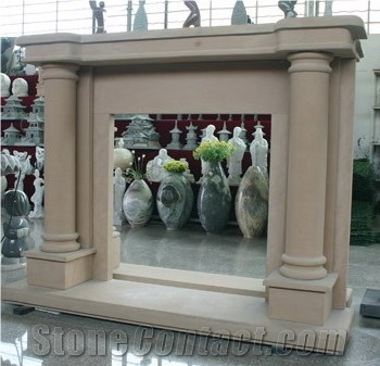 Beige Marble Fireplaces Simple Design with Columns,Western Style Fireplace Mantel