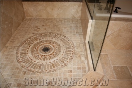 Travertine Medallion Shower Design, Beige Travertine Bath Design