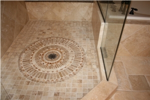 Travertine Medallion Shower Design, Beige Travertine Bath Design