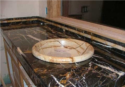 Black Gold Marble Vanitytop Teak Wood Sink
