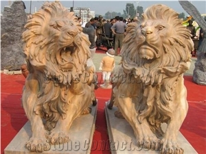 Wanxia Marble Lions Sculpture,Yellow Marble Sculpture,Handcarved Animal Sculptures,Handcarved Garden Statues