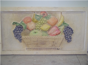 Bowl Of Fruit Hand Carved Wall Placque, Beige Travertine Bowls