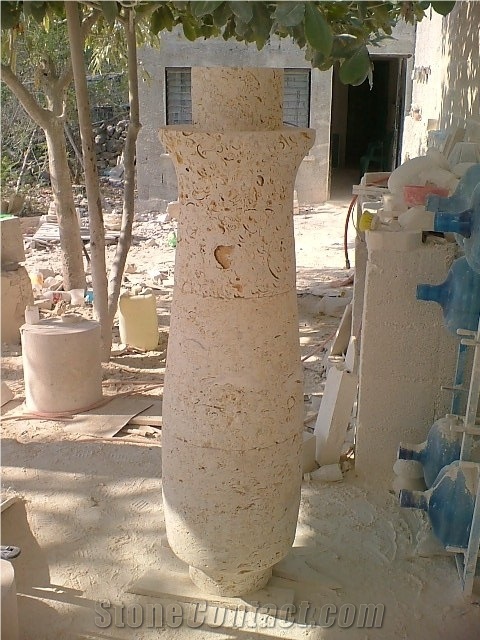 Mexican Shell Stone Limestone Columns, Beige Limestone Columns
