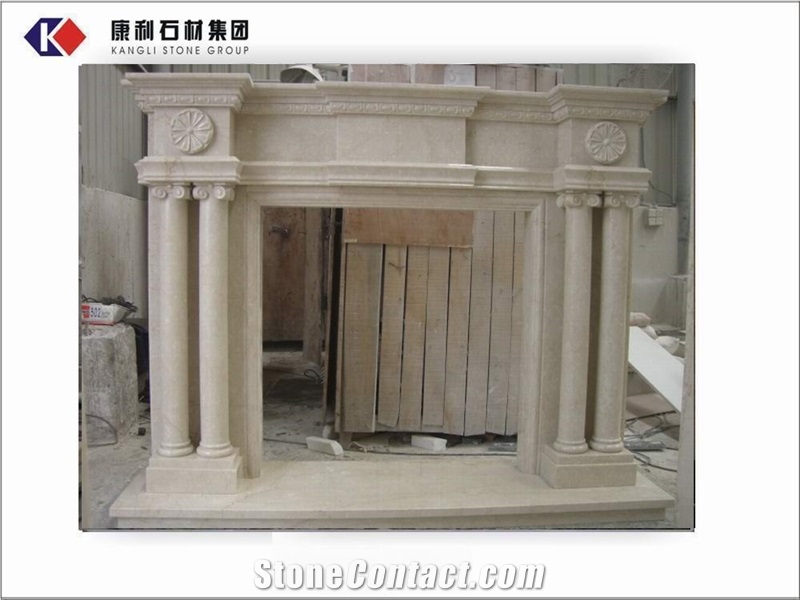 Marble-Stone Fireplace Mantel-Kangli Stone Group, Burdur Cream Beige Marble Fireplace Mantel