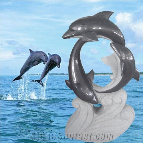 China Manufacture Padang Dark Grey Grainte G654 Dolphin Animal Carving Sculpture Fountains, Dolphin Water Features
