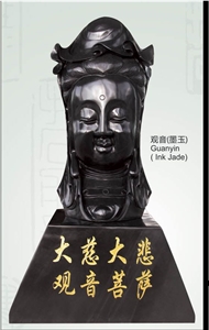 Ink Jade Buddha Head Statue, Black Onyx Head Statue