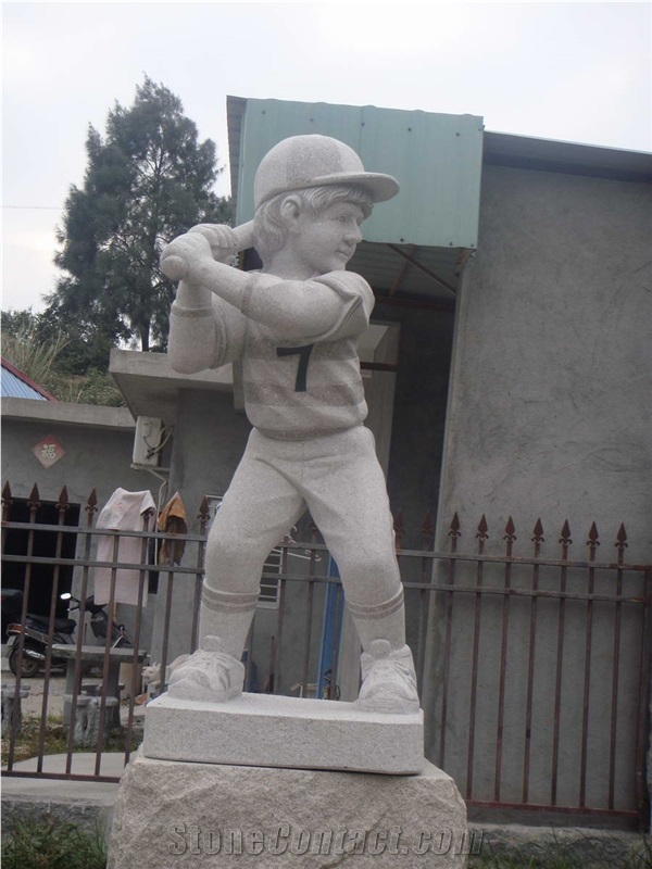 Baseball Boy Sculpture Statue, Stone White Granite Sculpture