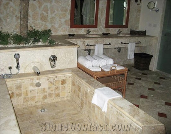 Coral Stone Bath Tub, Counter Top, Wall and Floor, Bathroom Design