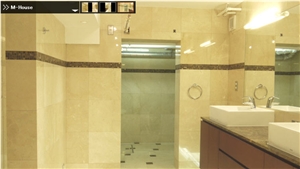 Crema Marfil and Emperador Dark Marble Bathroom, Beige Marble Bath Design