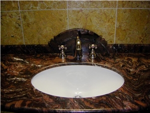 Rosso Sequoia Vanity Top and Giallo Reale Marble Backsplash, Sequoia Brown Marble Vanity Top