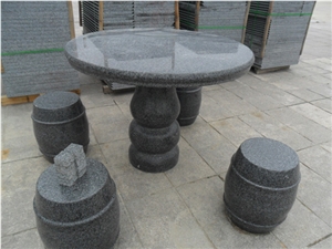 Granite Stone Table and Bench, Ice Flower Black Granite Bench