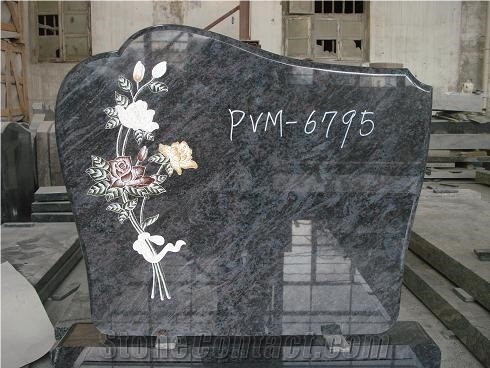 Bahama Blue Granite Monument/Tombstone with Colored Carving Flowers
