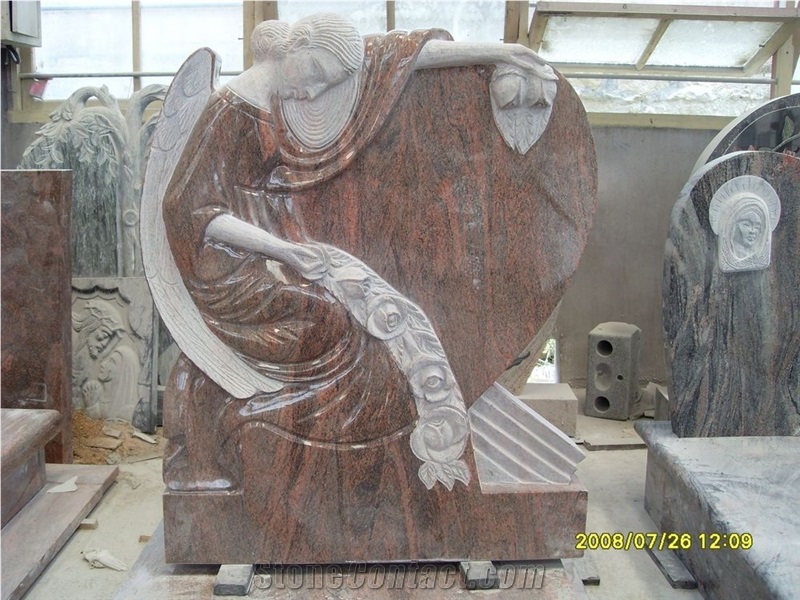 Multicolor-Red Granite Monument/Headstone with Angel, Wings