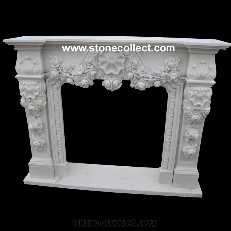 Pure White Mable Fireplace Mantel with Carved Rose