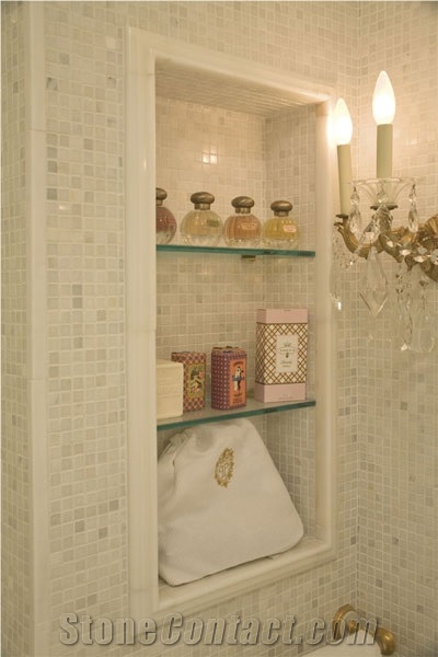 Bathroom Niches with Profiled Trim, Ivory Beige Travertine Mosaic Bath Design