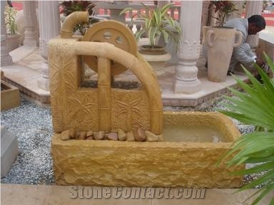 Teak Wood Yellow Sandstone Fountain