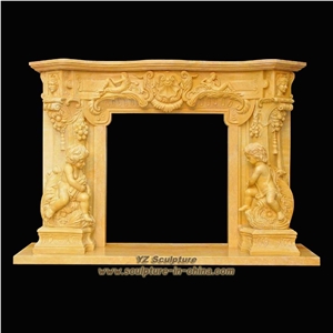 Flower Carved Yellow Marble Fireplaces
