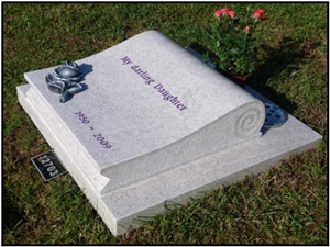 White Granite Scroll Design Slant Grave Stone