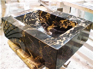 Portoro Black Stone Wash Basin, Black Gold Marble Wash Basin