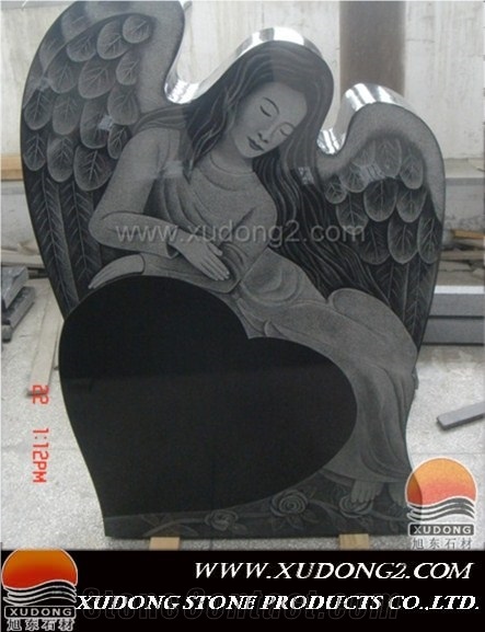 Angel Monument, Black Granite Heart Tombstone