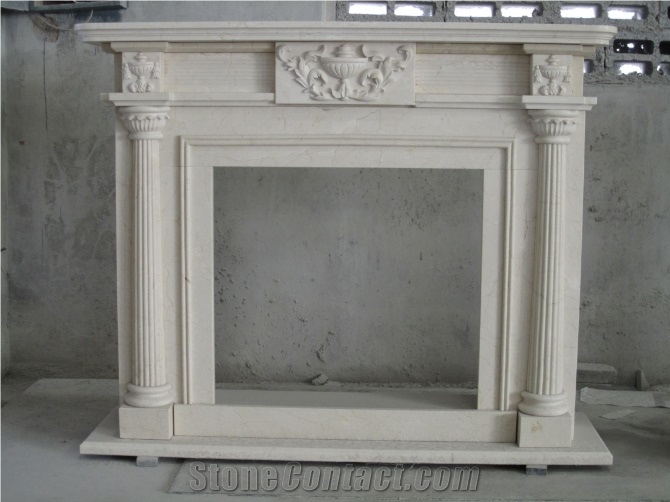 Beige Crema Marfil Marble Fireplace