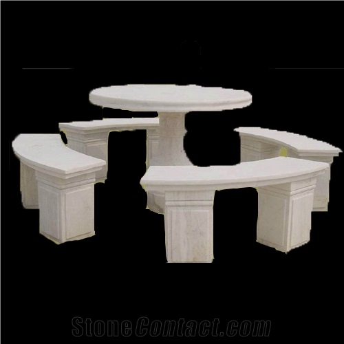 Stone Table and Benches Garden Furniture, White Marble Benches