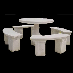 Stone Table and Benches Garden Furniture, White Marble Benches