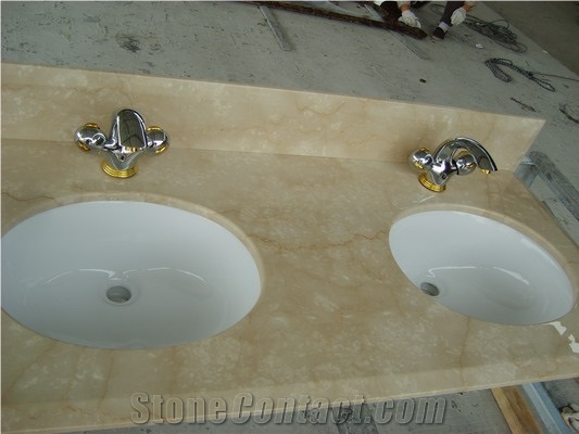 Marble Vanity Top with Double Upc Ceramic Sink And, Beige Marble Vanity Top