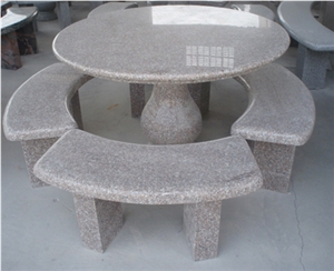 Stone Table and Bench, Red Granite Bench