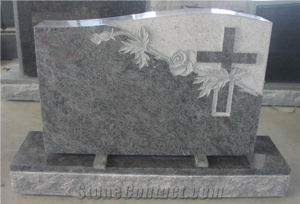 Flower Carving Headstone, Bahama Blue Granite Headstone