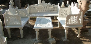 Traditional Carved Marble Table and Bench