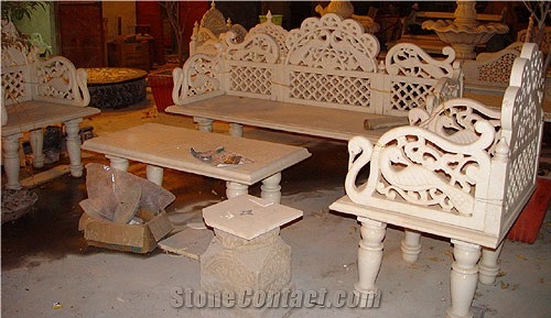 Traditional Carved Marble Table and Bench