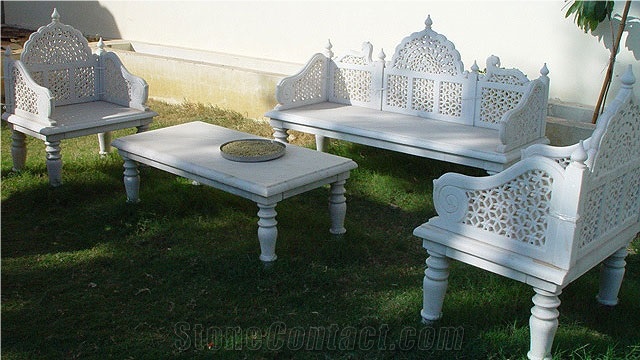 Traditional Carved Marble Table and Bench,White Marble