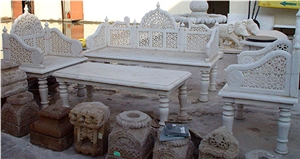 Traditional Carved Marble Table and Bench,White Marble