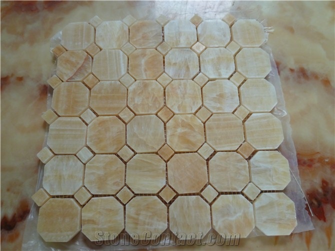 China Honey Yellow Onyx Hexagon Mosaic/ Basketweave Mosaic Tiles for Interior Building Wall Panel