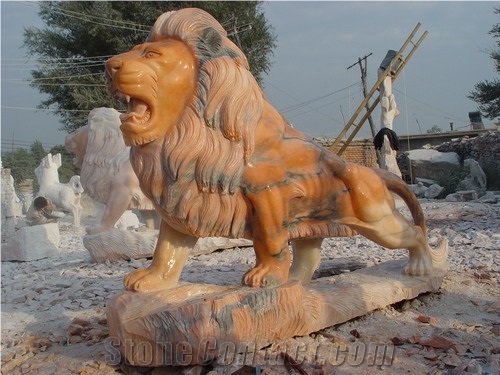 Animal Sculptures Lion Statue, Pink Marble Animal Sculptures