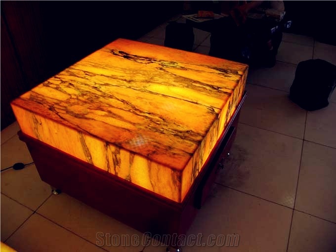 Backlit Afterglow Onyx Glass Table, Afterglow Yellow Onyx Tables