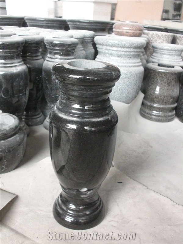 Black Tombstone Vase, Mongolia Black Granite Urn, Vase, Bench