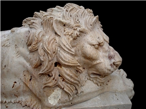 Sleeping Lion, Beige Travertine Sculpture, Statue