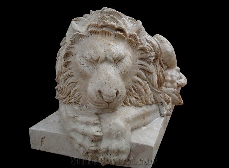 Sleeping Lion, Beige Travertine Sculpture, Statue