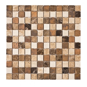 Vintage Copper Glass Mosaic with Emperador Marble, Brown Marble Glass Mosaic