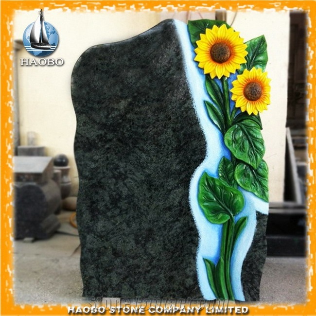 China Factory Produce Olive Green Granite Monument, Sun Flower Engraving and Painting Headstone, Gravestone for Cemetery