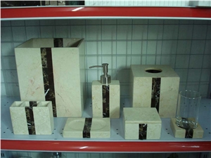 DL Stone Bathroom Accessories, Cream Marfil ,Dark Emperador Beige Marble Bath Accessories