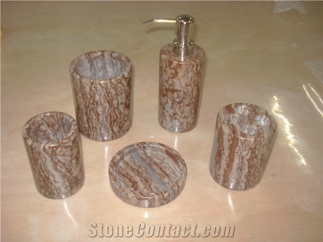 DL Stone Bathroom Accessories, Bark Ish Red Marble Bath Accessories