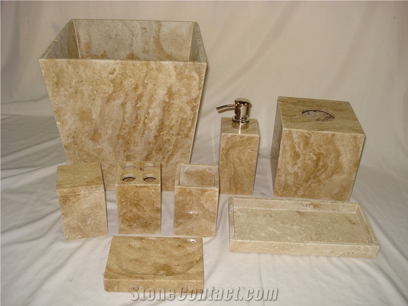 DL Travertine Stone Bathroom Accessories, Noce Beige Travertine Bath Accessories